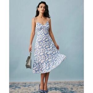 NWT Rihoas Tie Strap Ruffle Blue White Floral Midi Dress Size L